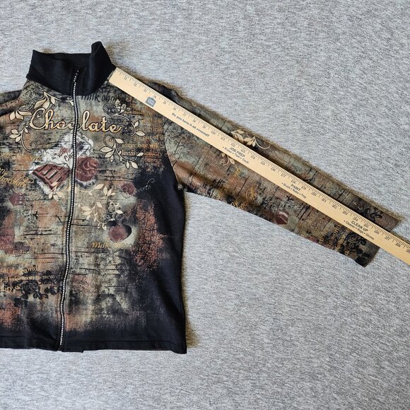 Jess & Jane Jacket Womens XL Artsy Zip Rhinestone Chocolate Sweater Dark Floral - Picture 9 of 9